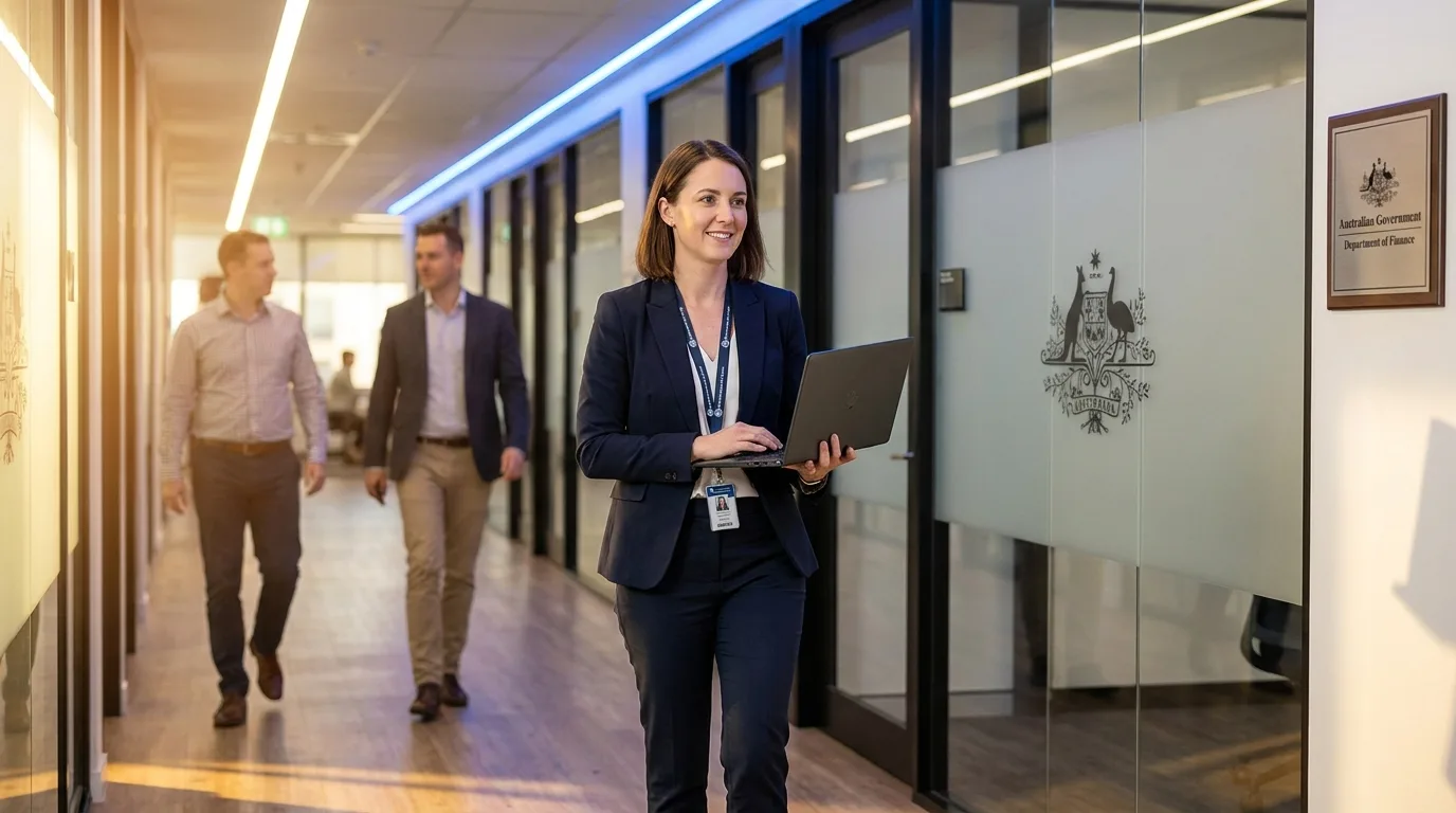 Government finance officer walking through a modern Australian government office corridor