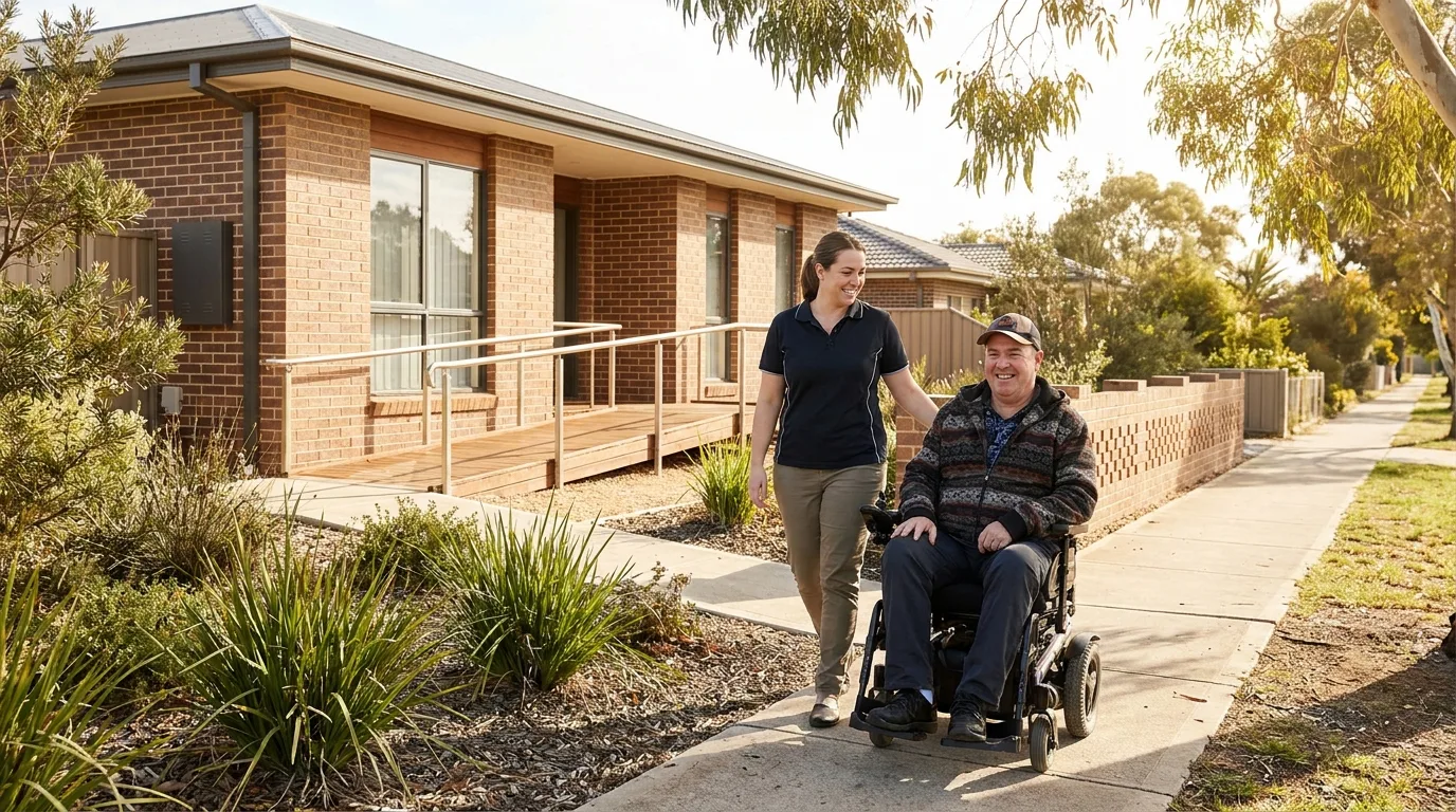 NDIS support worker helping a participant in a wheelchair outside an Australian group home