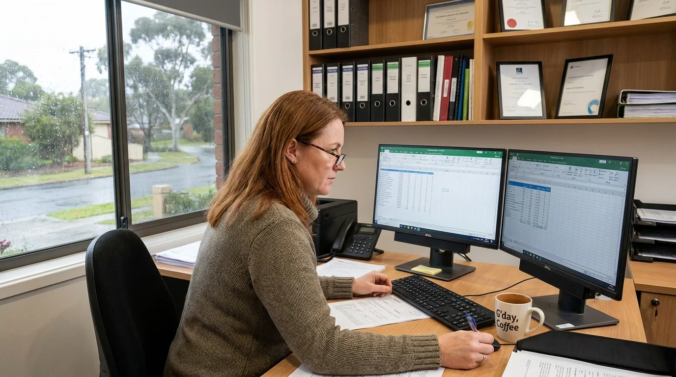 Australian bookkeeper reconciling clean transactions on a dual-monitor setup