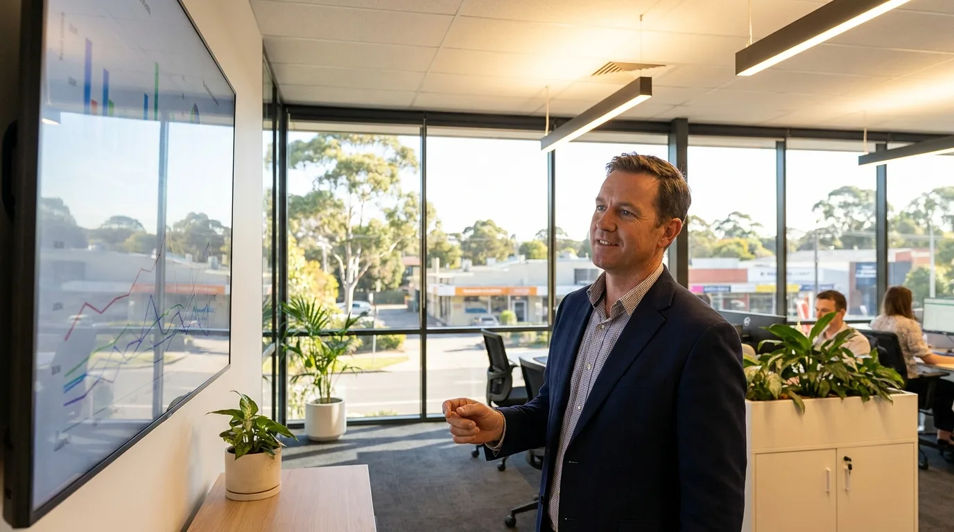Australian business owner reviewing spend management dashboard