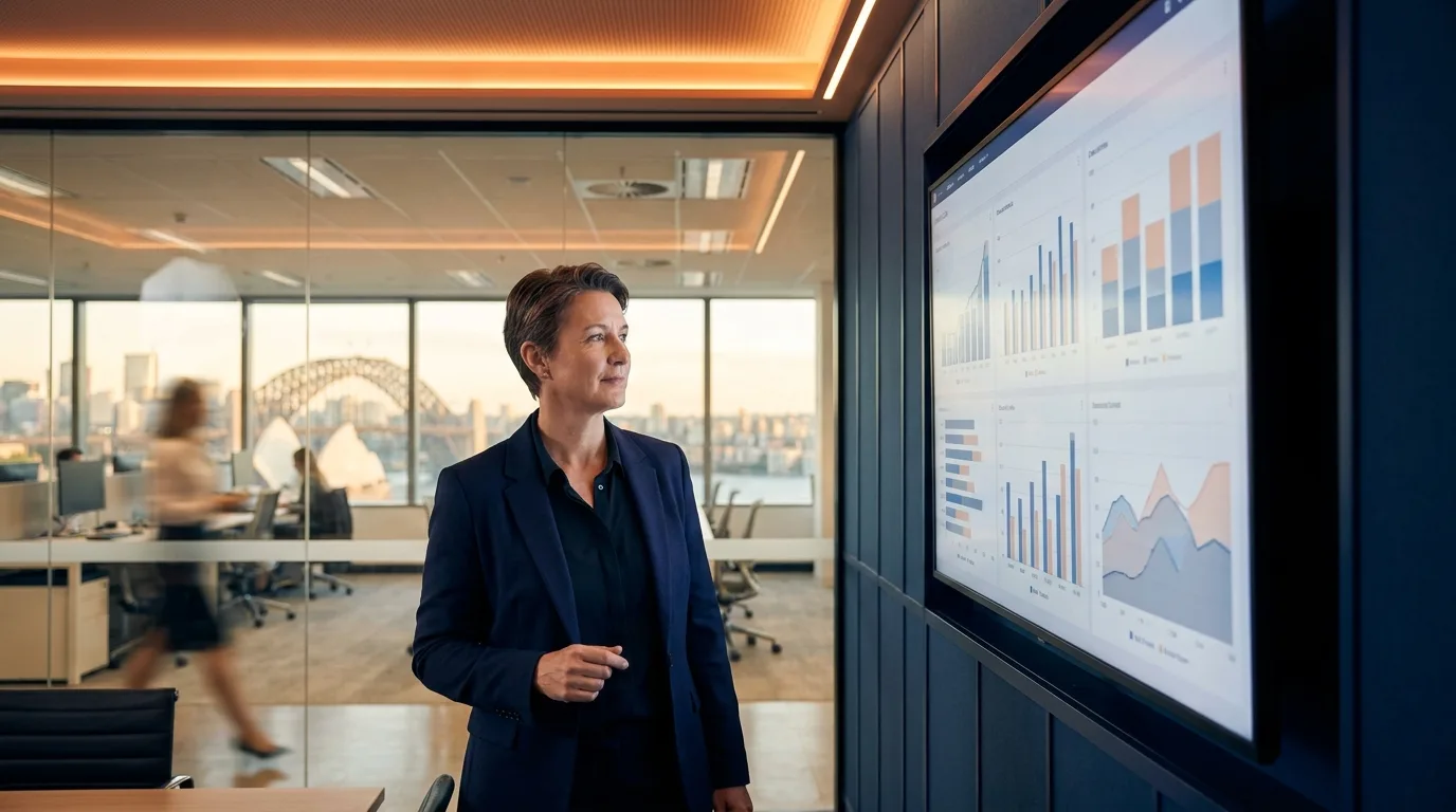 Enterprise finance leader reviewing multi-entity spend dashboard in a modern Australian boardroom