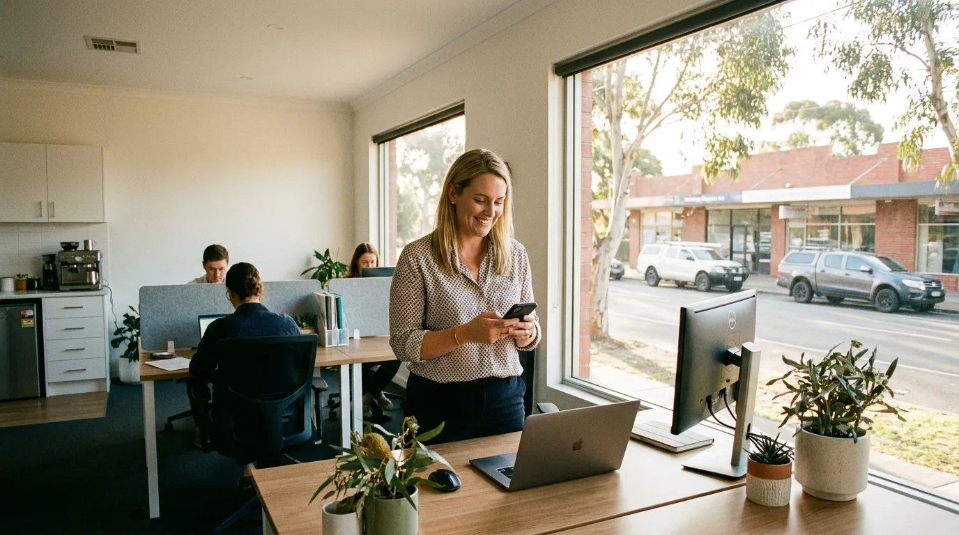 Australian small business owner at a standing desk in a bright, spacious office