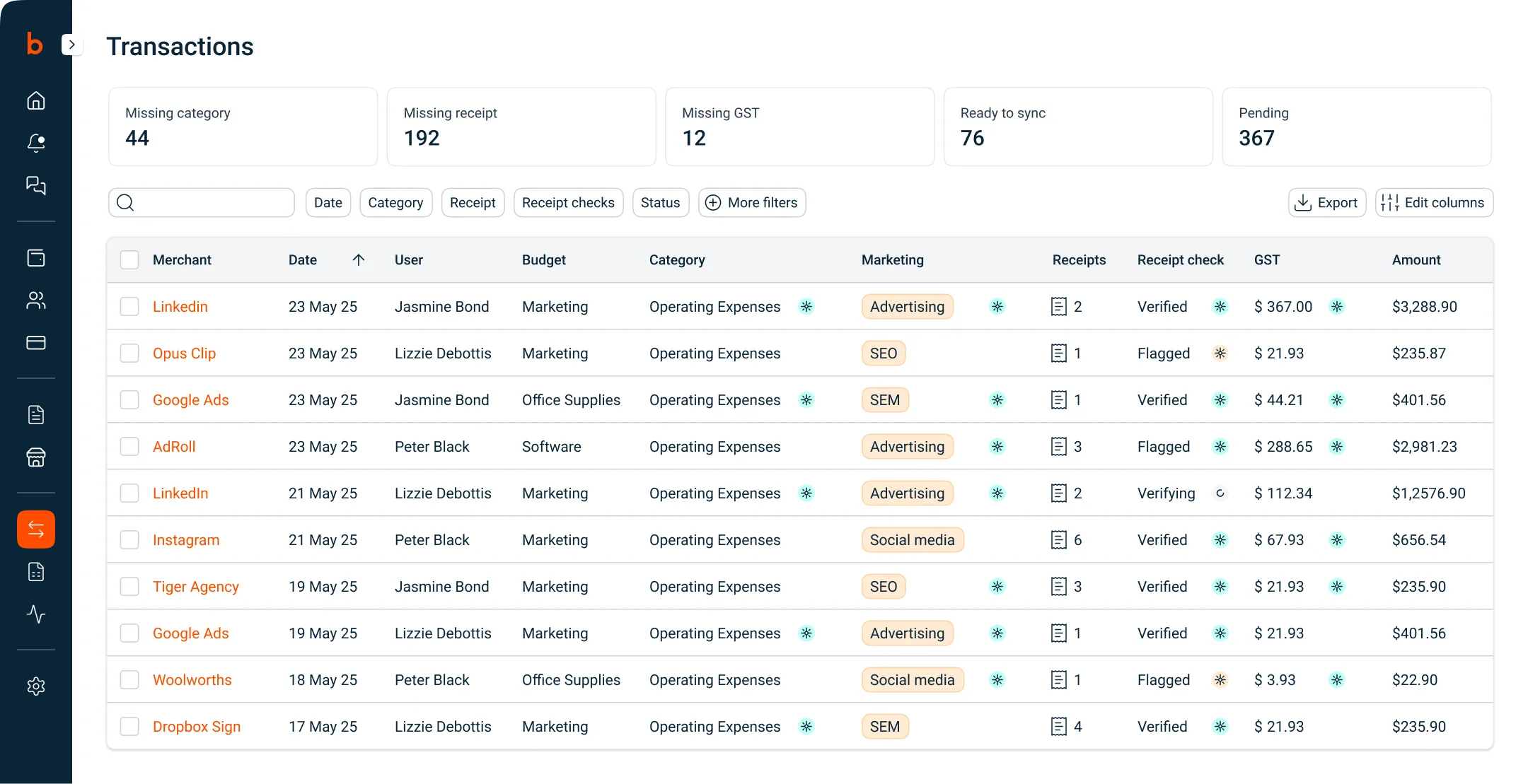 Bookkeeper AI transaction view
