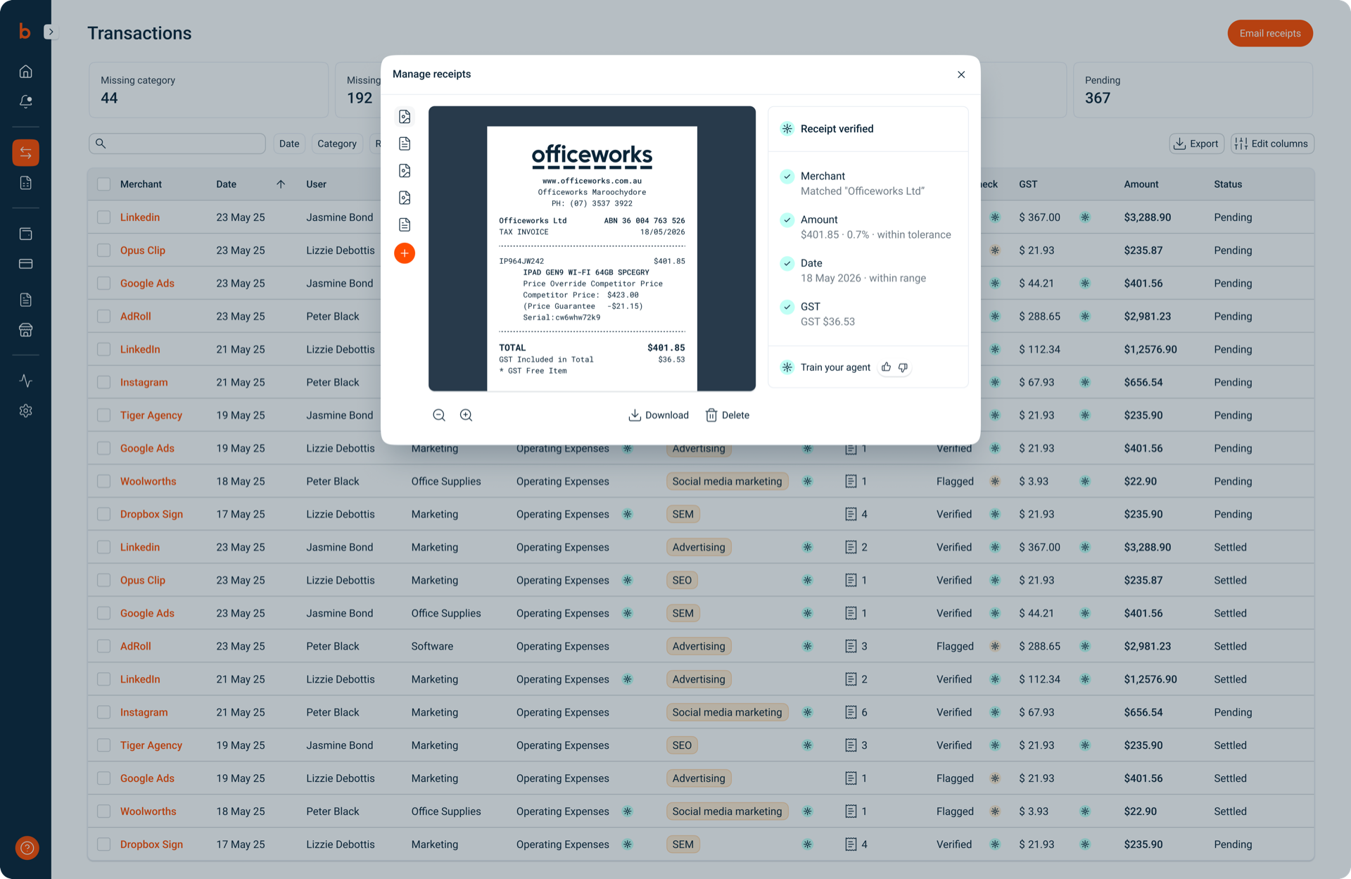 Transactions and receipt capture